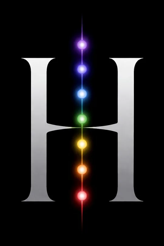 Monograma de Heptalume: una H plateada atravesada por siete luces de colores