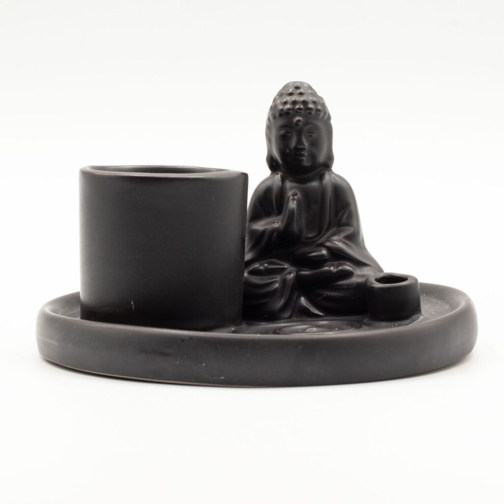 Plato de incienso de cerámica con Buda - Negro mate
