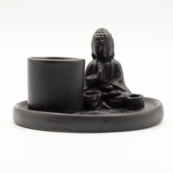 Plato de incienso de cerámica con Buda - Negro mate