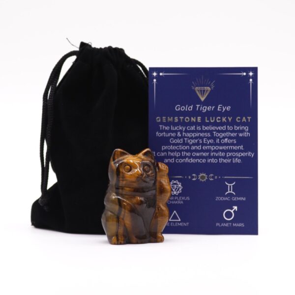 Figura de gato de la suerte en piedra - Ojo de tigre dorado