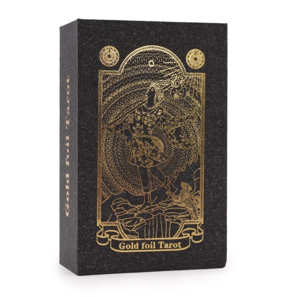 Baraja de tarot dorada con libro en caja de regalo