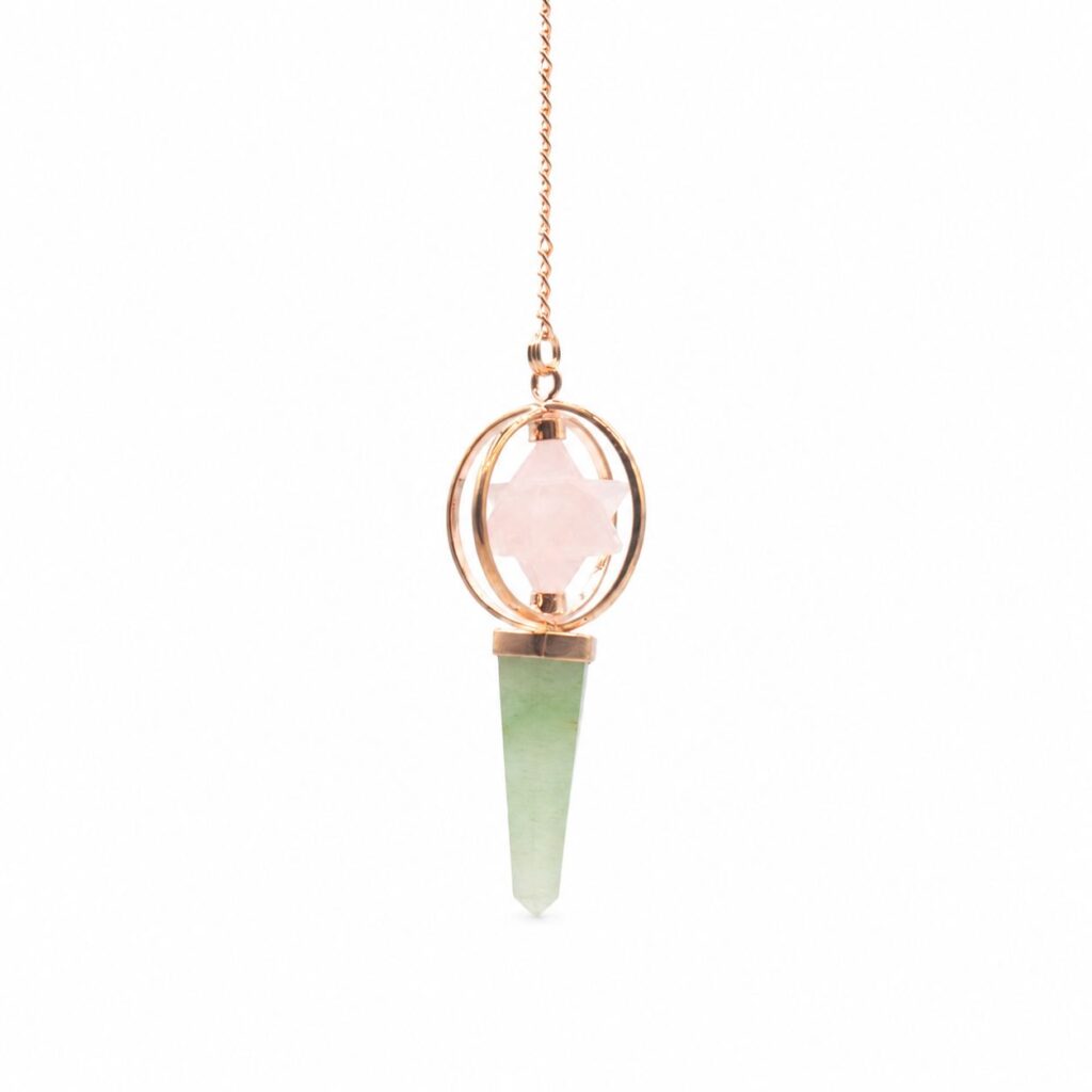 Péndulo de cobre con Merkaba de cuarzo rosa y aventurina - Brújula del corazón