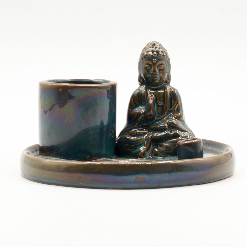 Plato de incienso de cerámica con Buda - Azul
