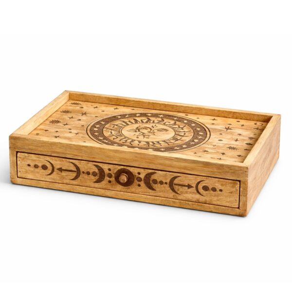 Caja de tarot de madera tallada con sol, luna y cajón