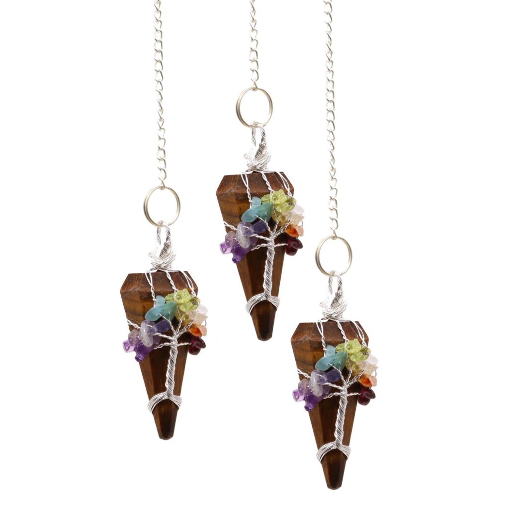 Péndulo de ojo de tigre con las siete piedras de los chakras