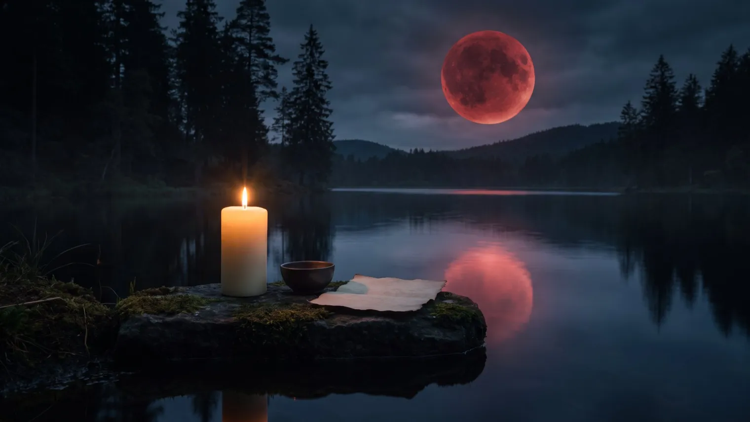 Vela blanca encendida junto a un lago de noche, con un cuenco, un papel y la luna llena sobre el bosque