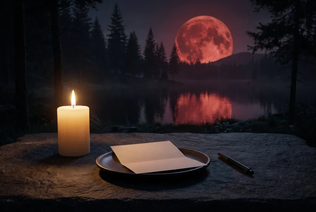 Ritual de luna llena: vela blanca encendida sobre una piedra, con un papel en un plato y un bolígrafo, y la luna llena sobre un lago