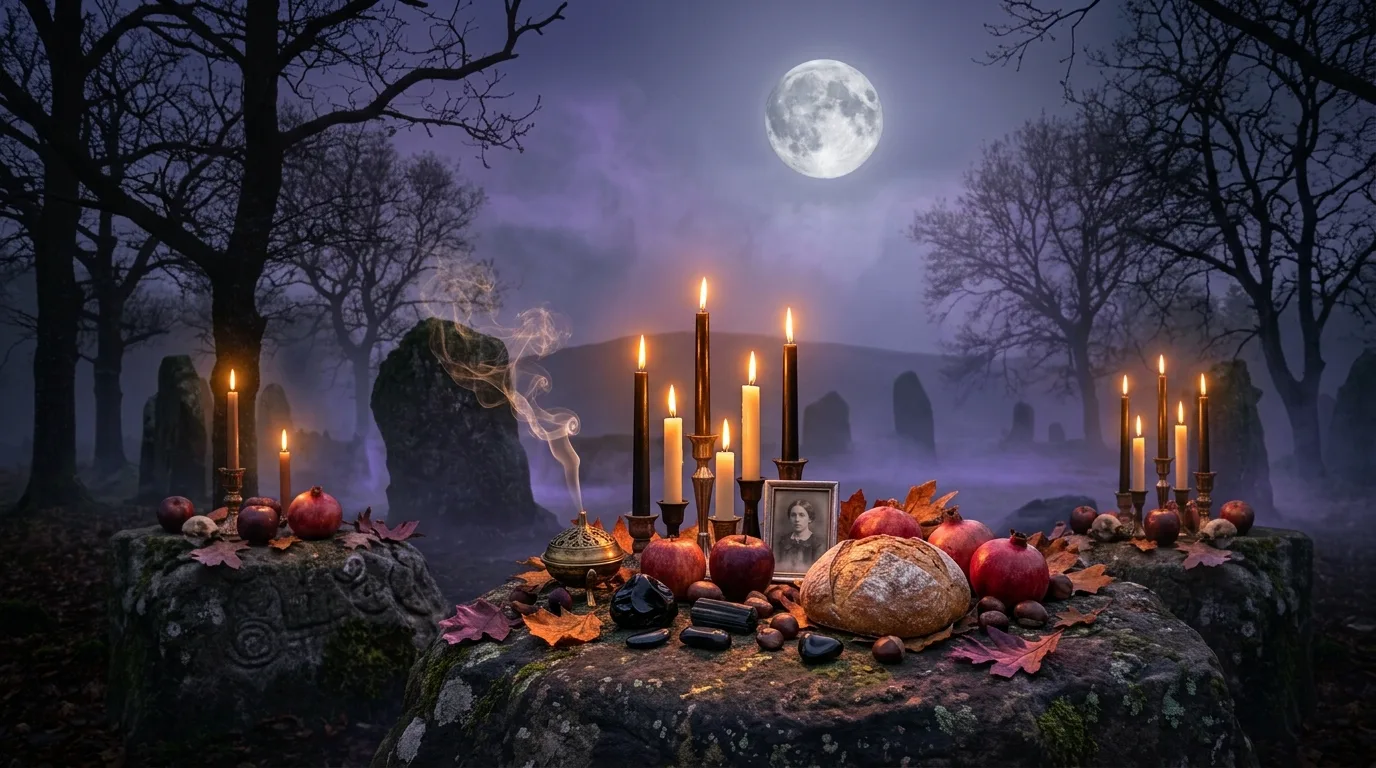 Altar de Samhain sobre una piedra en un círculo de piedras, con velas negras y blancas, granadas, pan y una fotografía antigua, bajo la luna llena